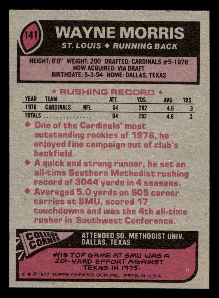 1977 Topps #141 Wayne Morris Near Mint RC Rookie 