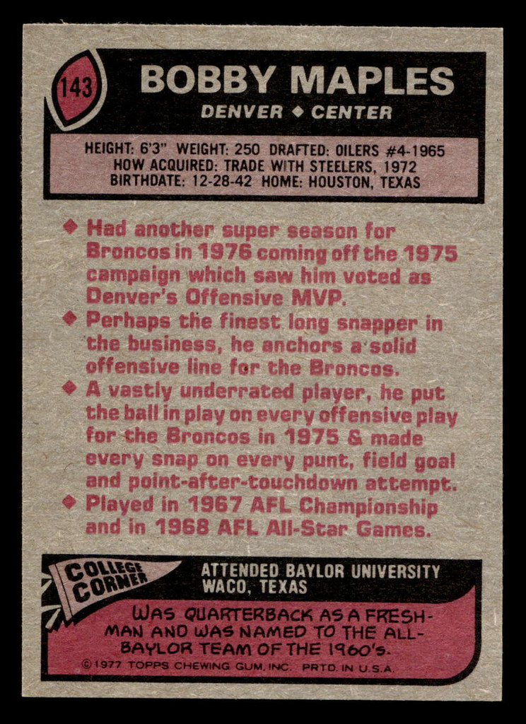 1977 Topps #143 Bobby Maples Near Mint  ID: 502242