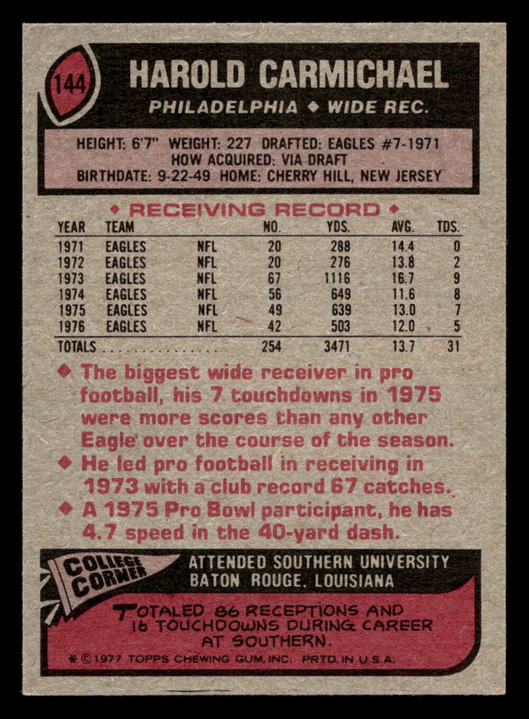 1977 Topps #144 Harold Carmichael Ex-Mint  ID: 502245