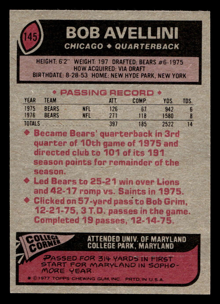 1977 Topps #145 Bob Avellini Near Mint  ID: 502249