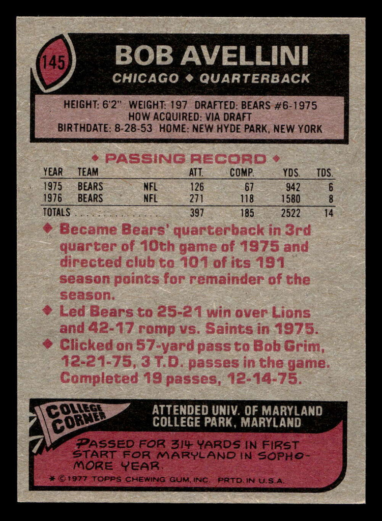 1977 Topps #145 Bob Avellini Near Mint  ID: 502250