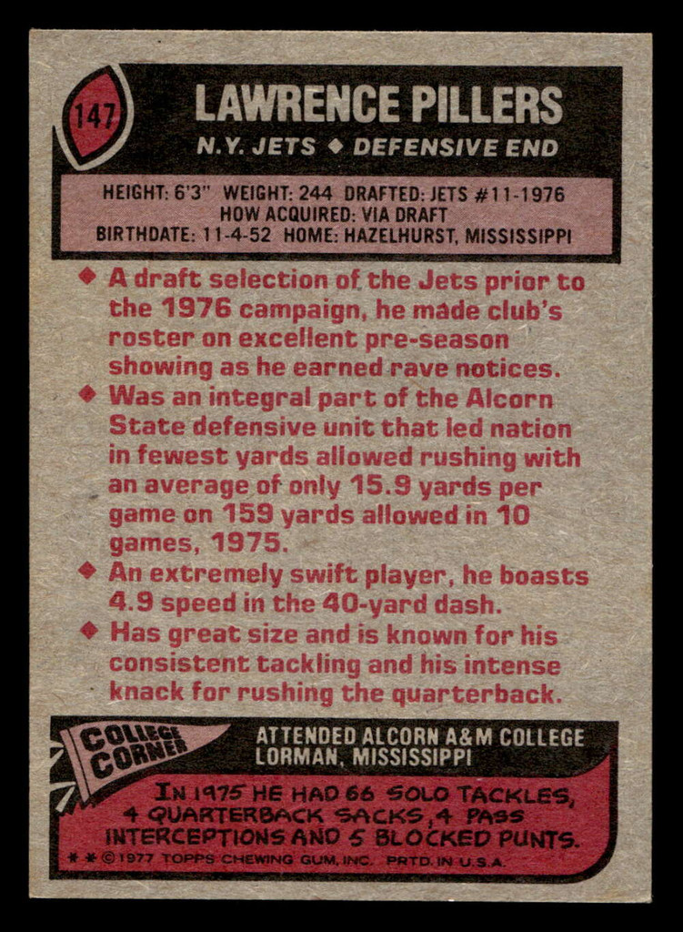 1977 Topps #147 Lawrence Pillers Ex-Mint  ID: 502258