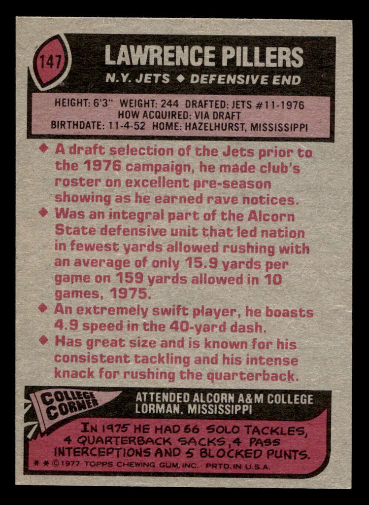 1977 Topps #147 Lawrence Pillers Ex-Mint  ID: 502259