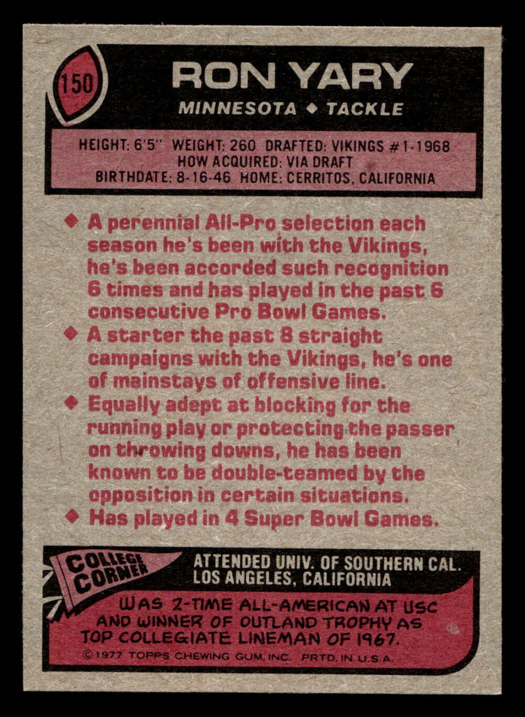 1977 Topps #150 Ron Yary AP Ex-Mint  ID: 502266