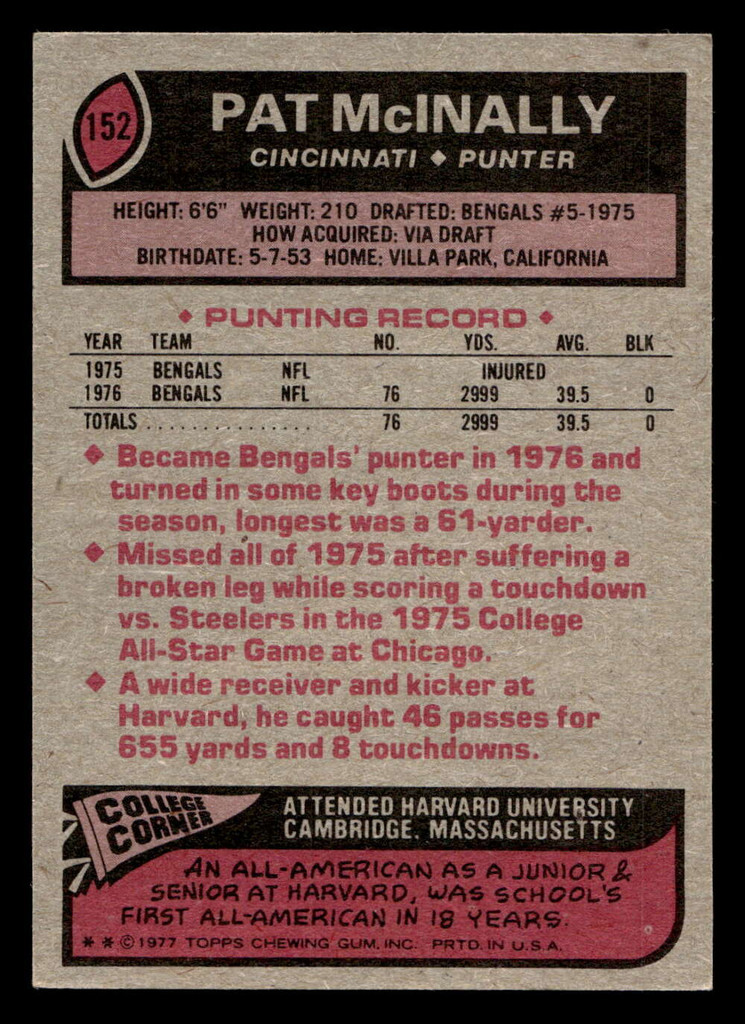 1977 Topps #152 Pat McInally Ex-Mint RC Rookie  ID: 502276