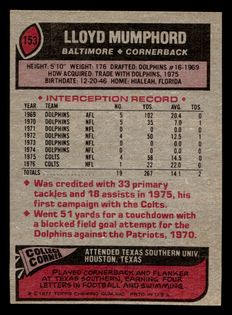1977 Topps #153 Lloyd Mumphord Ex-Mint  ID: 502277
