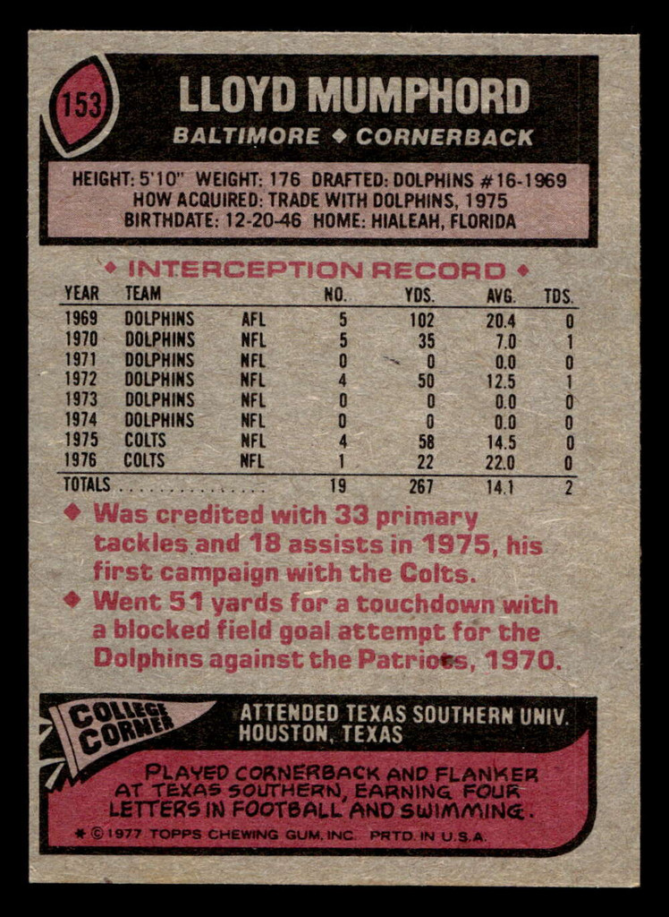 1977 Topps #153 Lloyd Mumphord Ex-Mint  ID: 502279