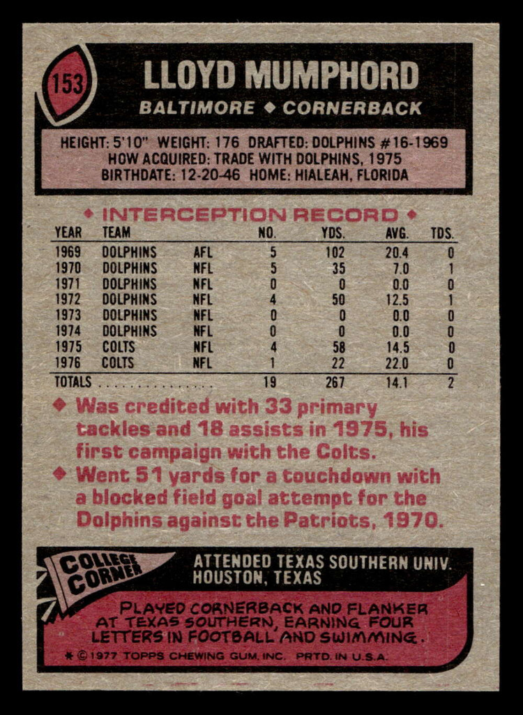 1977 Topps #153 Lloyd Mumphord Ex-Mint  ID: 502281