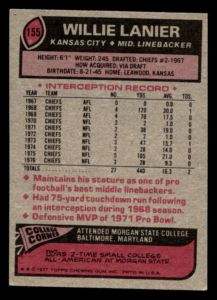 1977 Topps #155 Willie Lanier Very Good 