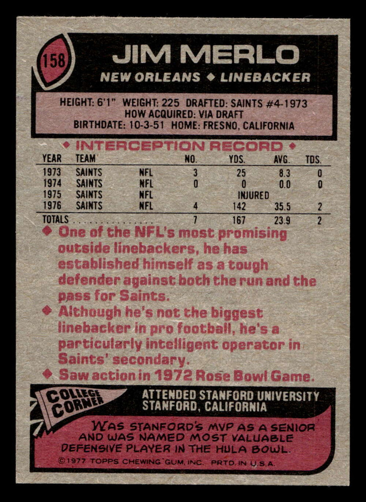 1977 Topps #158 Jim Merlo Ex-Mint 