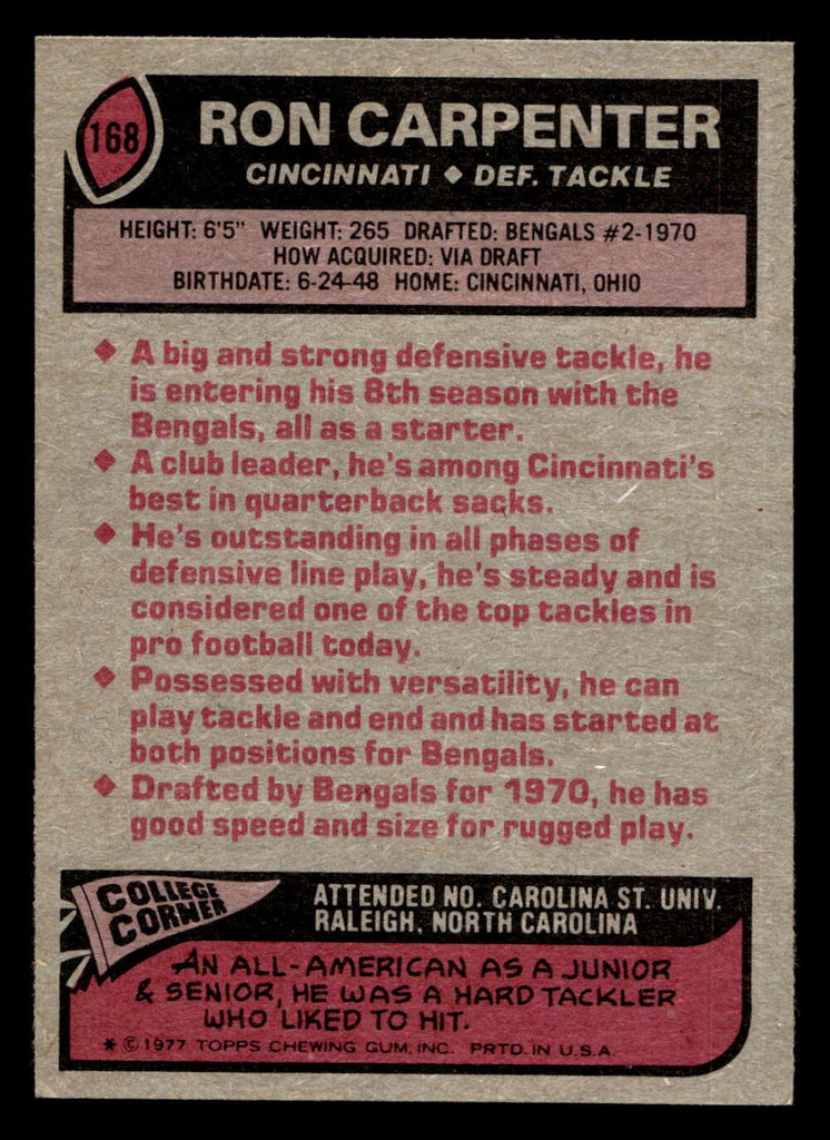 1977 Topps #168 Ron Carpenter Near Mint  ID: 502339