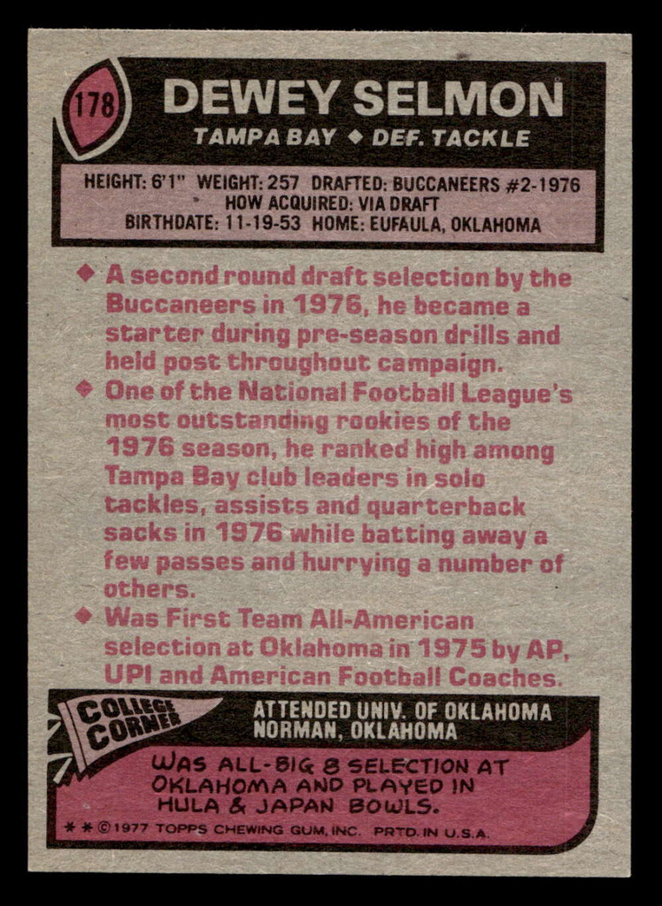 1977 Topps #178 Dewey Selmon Near Mint  ID: 502376