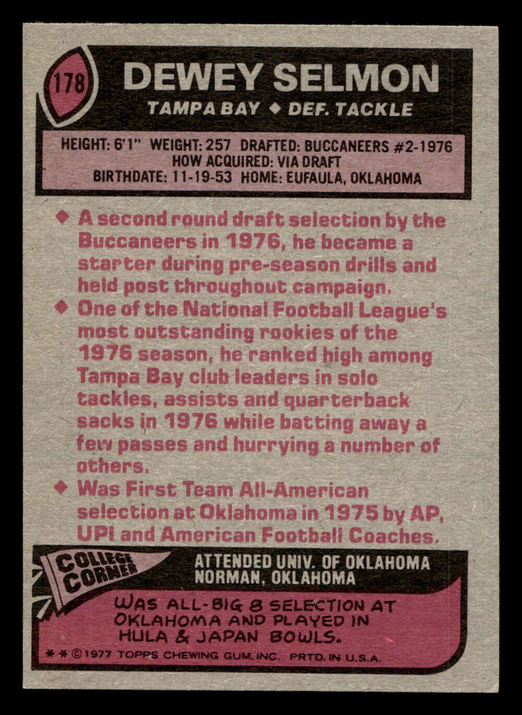 1977 Topps #178 Dewey Selmon Near Mint  ID: 502377