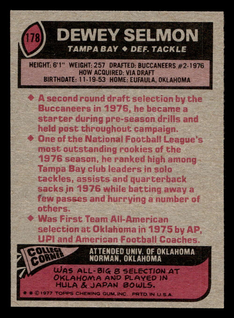 1977 Topps #178 Dewey Selmon Near Mint+  ID: 502378