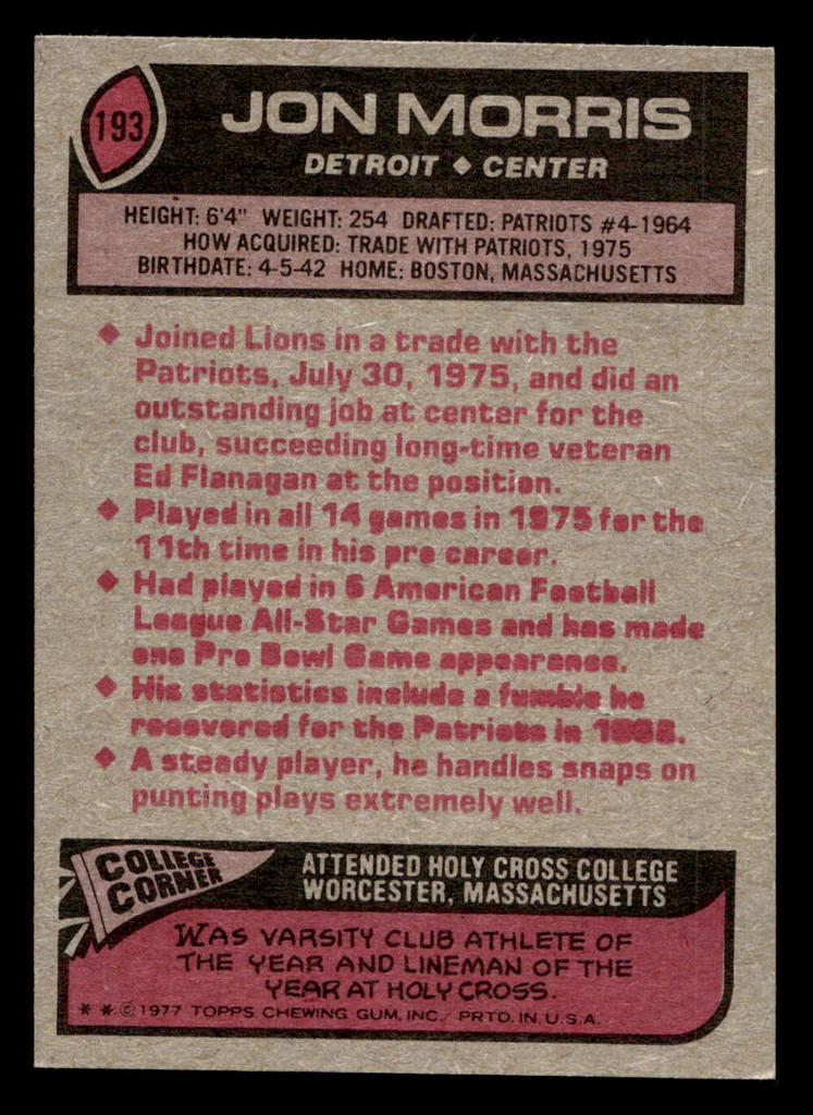 1977 Topps #193 Jon Morris Ex-Mint  ID: 502432