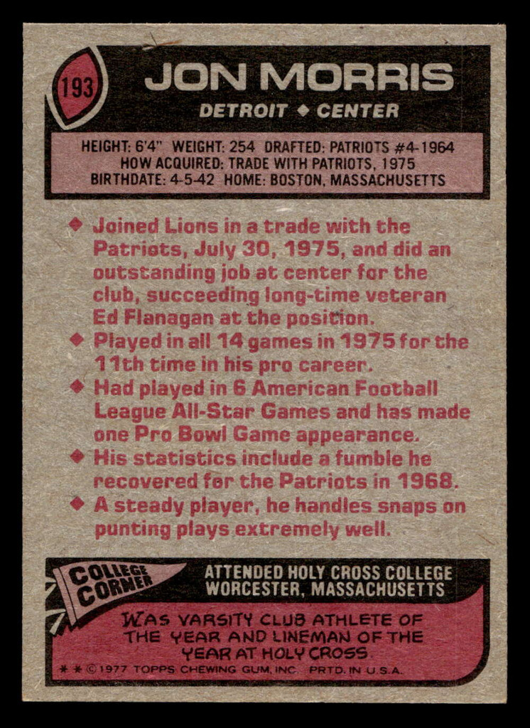 1977 Topps #193 Jon Morris Near Mint  ID: 502434