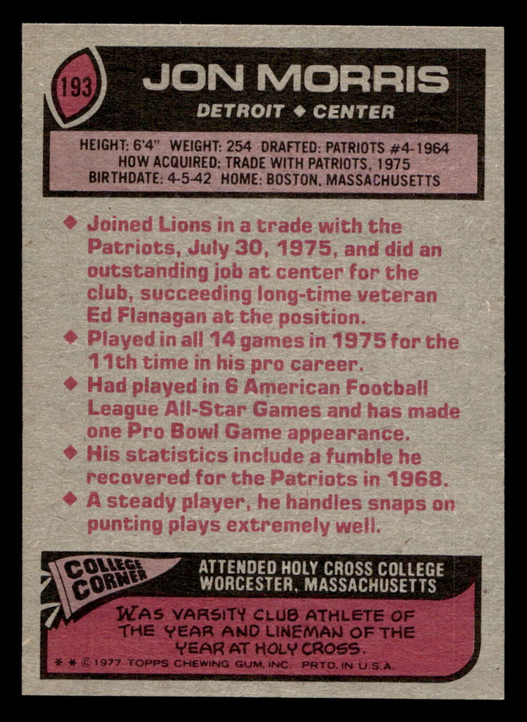1977 Topps #193 Jon Morris Near Mint  ID: 502435