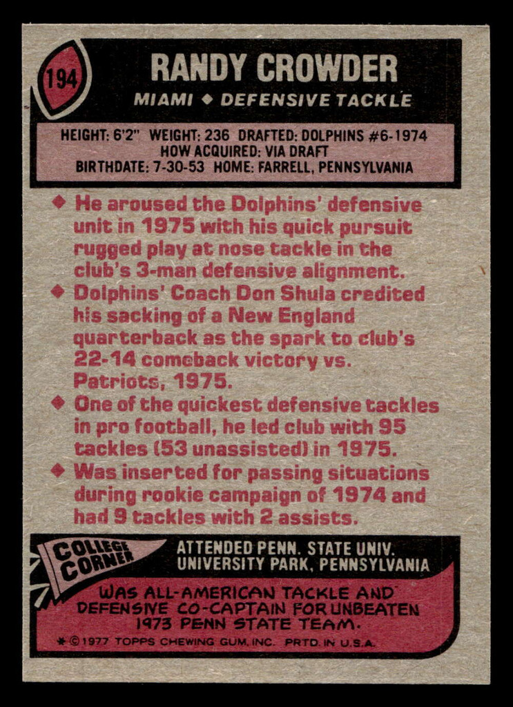 1977 Topps #194 Randy Crowder Ex-Mint  ID: 502437