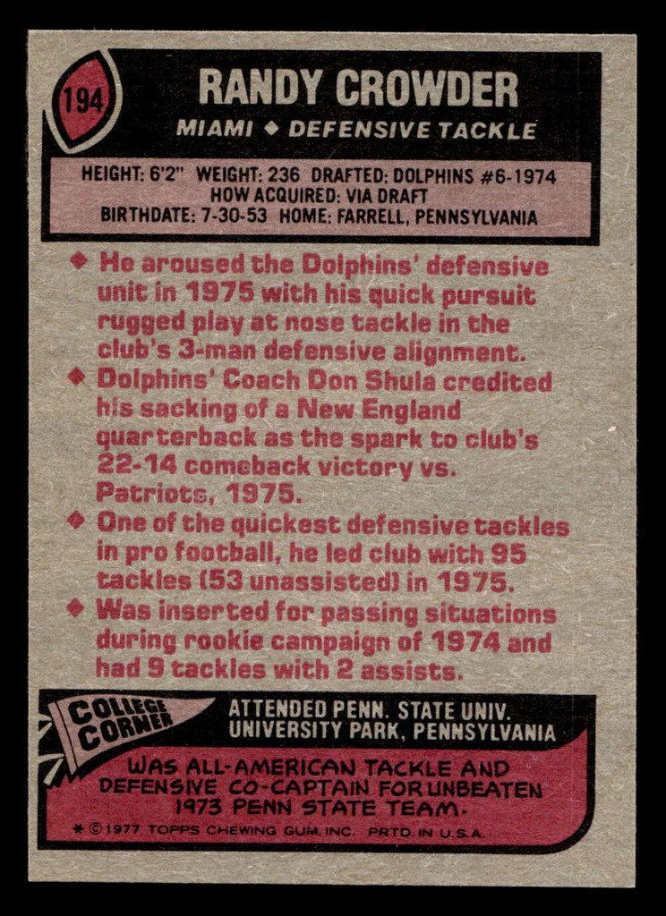 1977 Topps #194 Randy Crowder Ex-Mint  ID: 502440