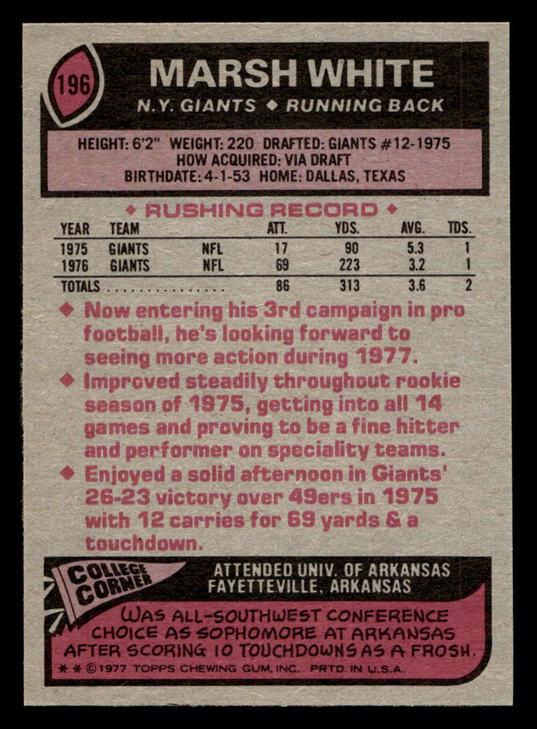 1977 Topps #196 Marsh White Near Mint  ID: 502444