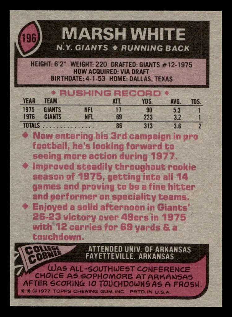 1977 Topps #196 Marsh White Near Mint+  ID: 502445