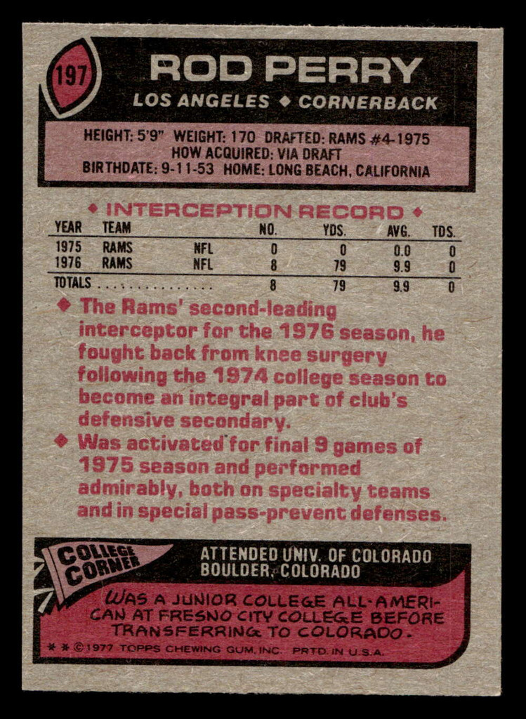 1977 Topps #197 Rod Perry Near Mint RC Rookie 