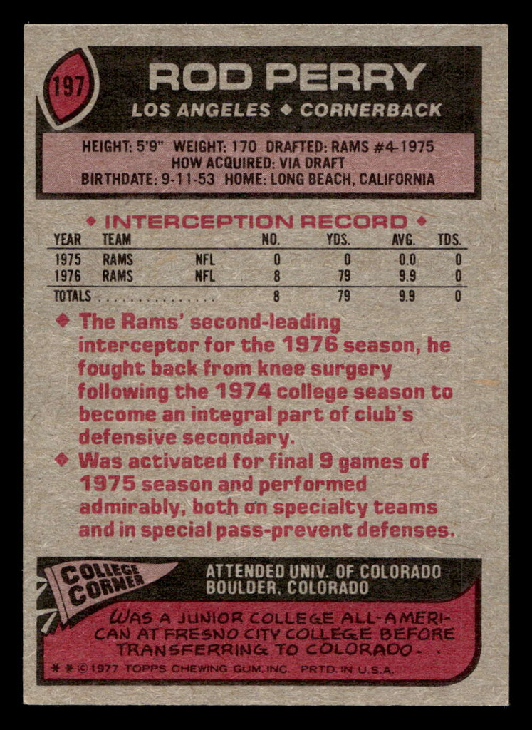 1977 Topps #197 Rod Perry Ex-Mint RC Rookie 