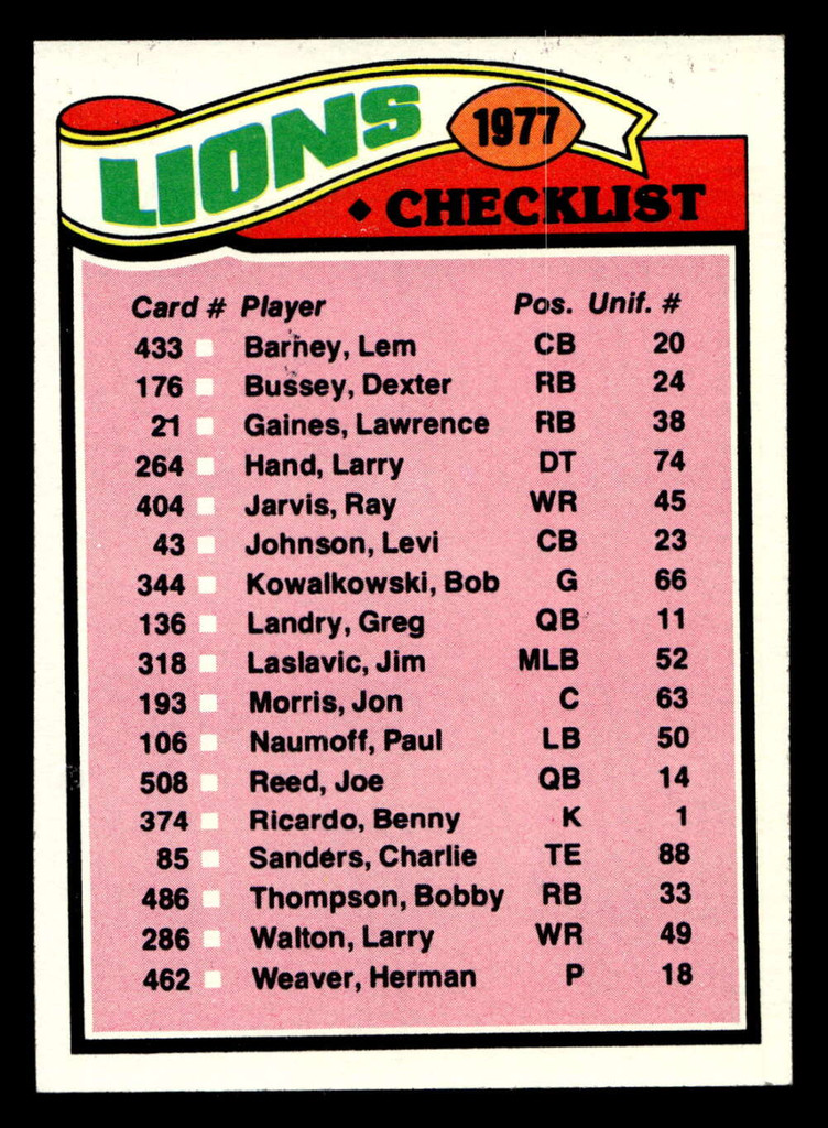 1977 Topps #209 Detroit Lions CL Near Mint 