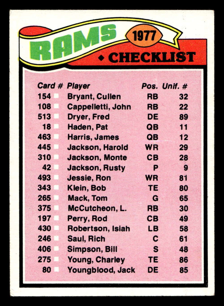 1977 Topps #213 Los Angeles Rams CL Very Good  ID: 502517
