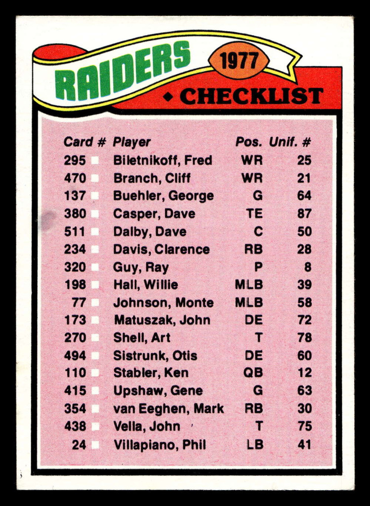 1977 Topps #220 Oakland Raiders CL Ex-Mint  ID: 502549