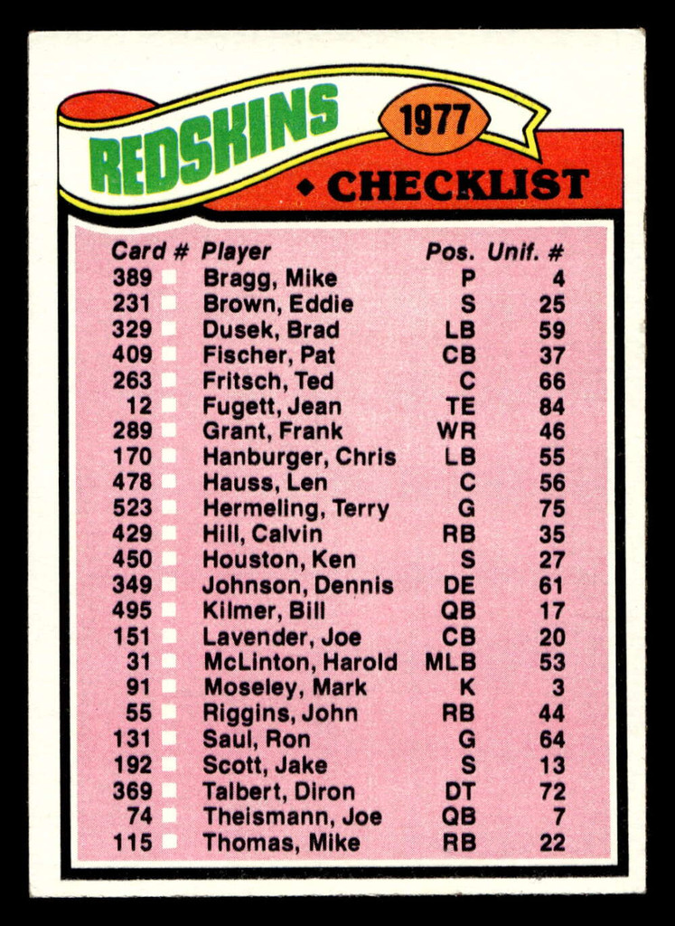 1977 Topps #228 Washington Redskins CL Ex-Mint  ID: 502573