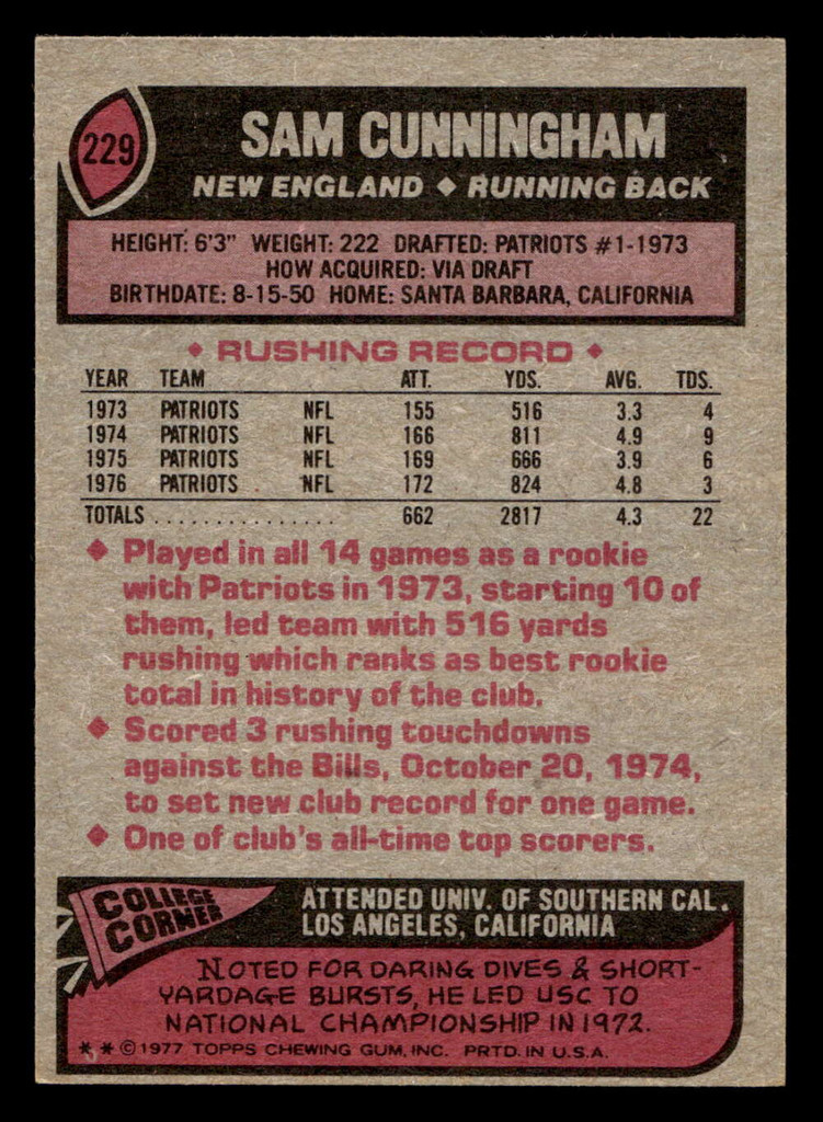 1977 Topps #229 Sam Cunningham Near Mint  ID: 502578