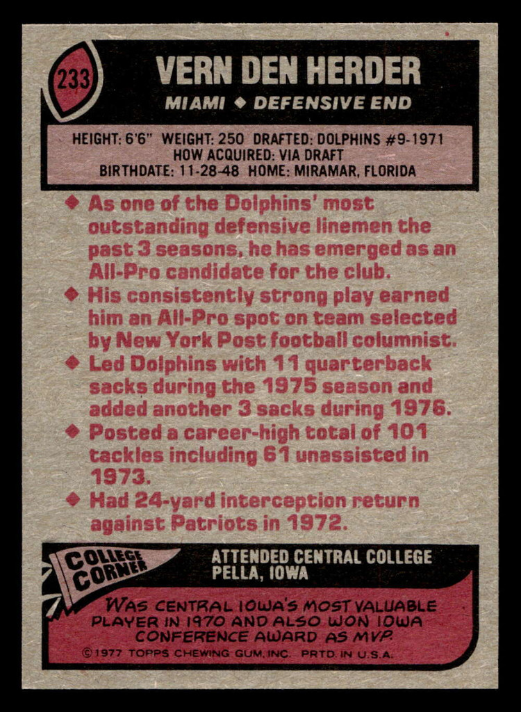 1977 Topps #233 Vern Den Herder Near Mint  ID: 502590