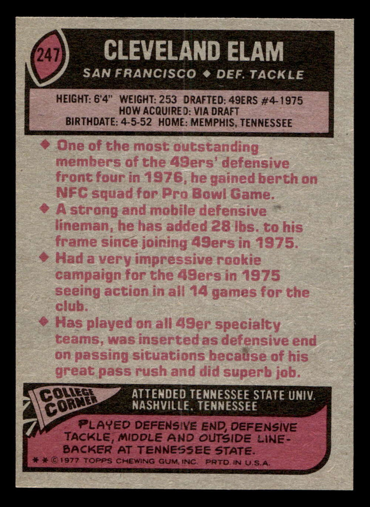 1977 Topps #247 Cleveland Elam Near Mint  ID: 502636