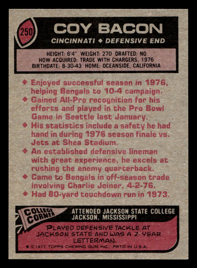 1977 Topps #250 Coy Bacon AP Very Good 