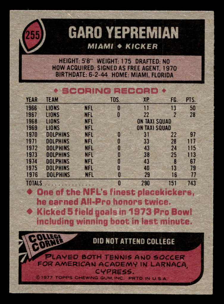 1977 Topps #255 Garo Yepremian Ex-Mint  ID: 502665