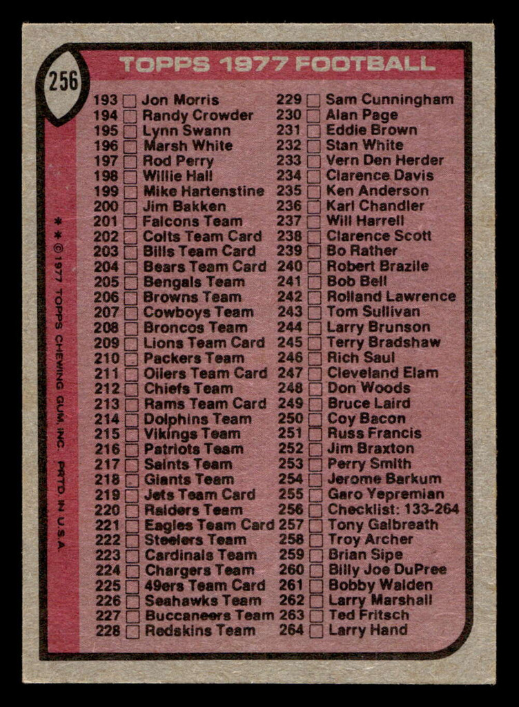 1977 Topps #256 Checklist 133-264 Ex-Mint  ID: 502669