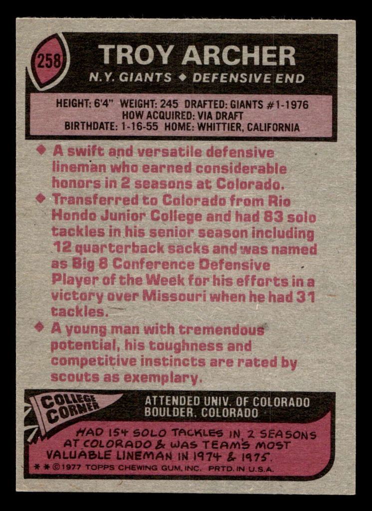 1977 Topps #258 Troy Archer Near Mint  ID: 502675
