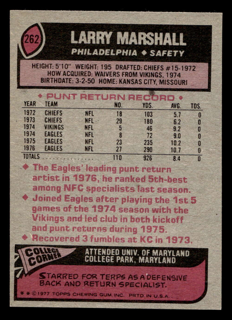 1977 Topps #262 Larry Marshall Near Mint  ID: 502691