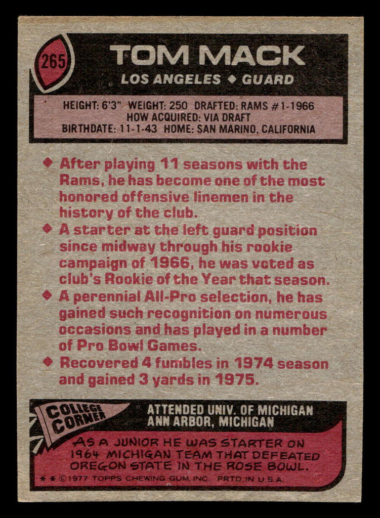 1977 Topps #265 Tom Mack Ex-Mint  ID: 502706
