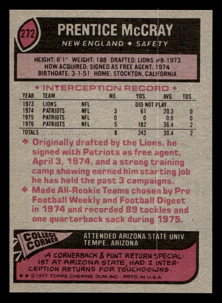 1977 Topps #272 Prentice McCray Near Mint  ID: 502728