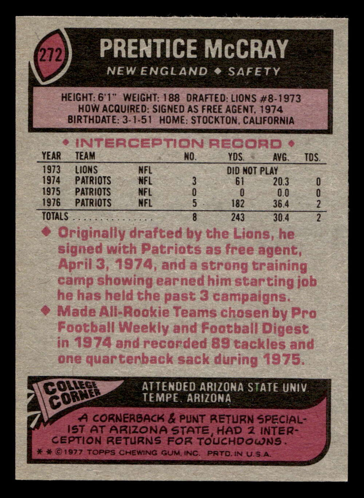 1977 Topps #272 Prentice McCray Near Mint  ID: 502729