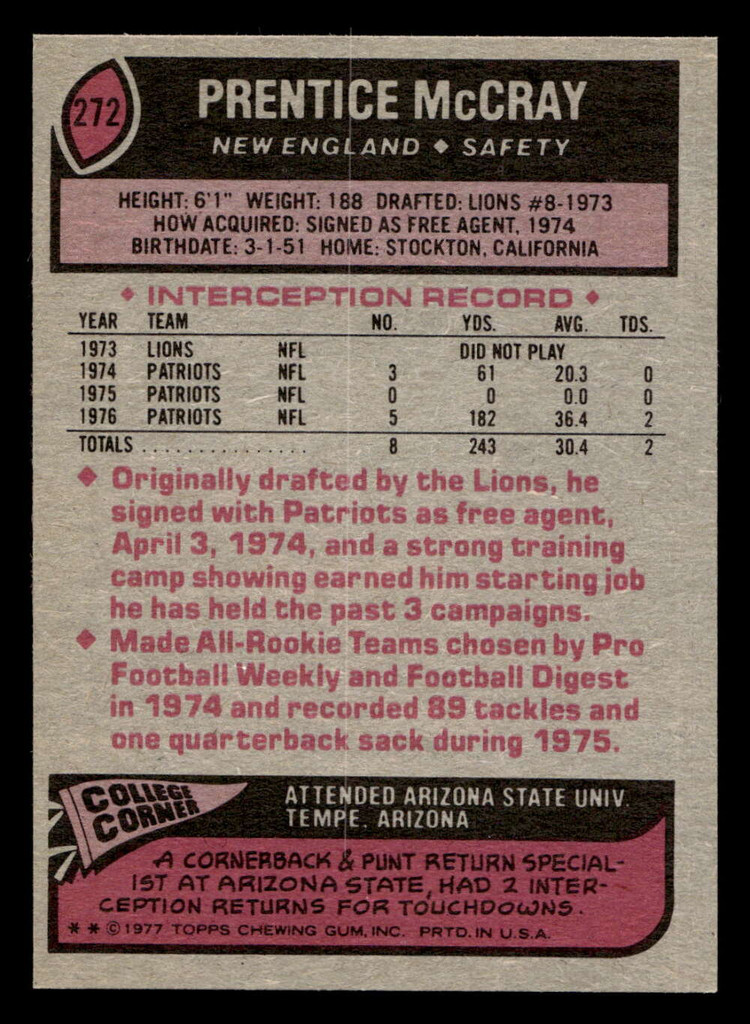 1977 Topps #272 Prentice McCray Near Mint  ID: 502730