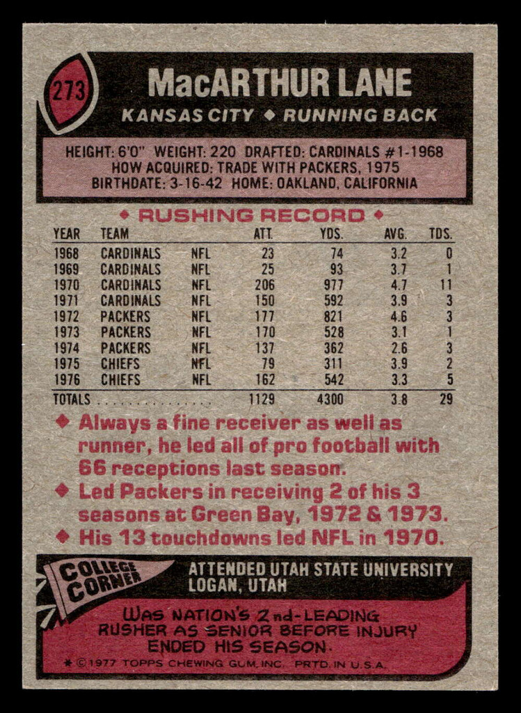 1977 Topps #273 Macarthur Lane Near Mint  ID: 502733