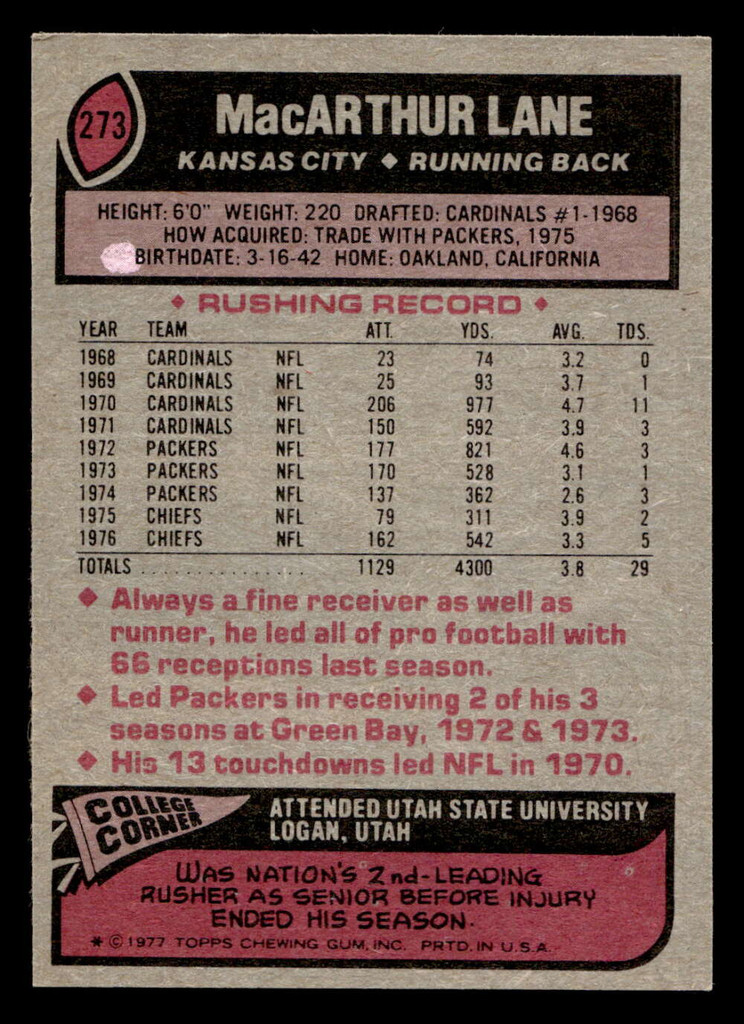 1977 Topps #273 Macarthur Lane Ex-Mint  ID: 502734