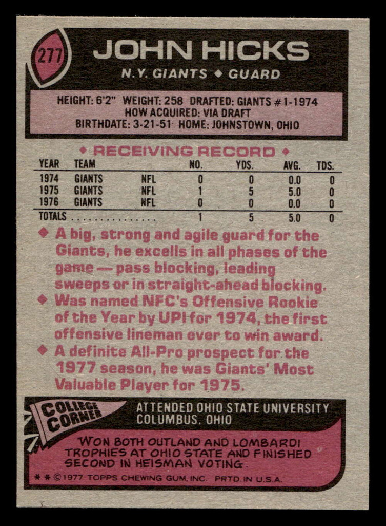 1977 Topps #277 John Hicks Near Mint  ID: 502751