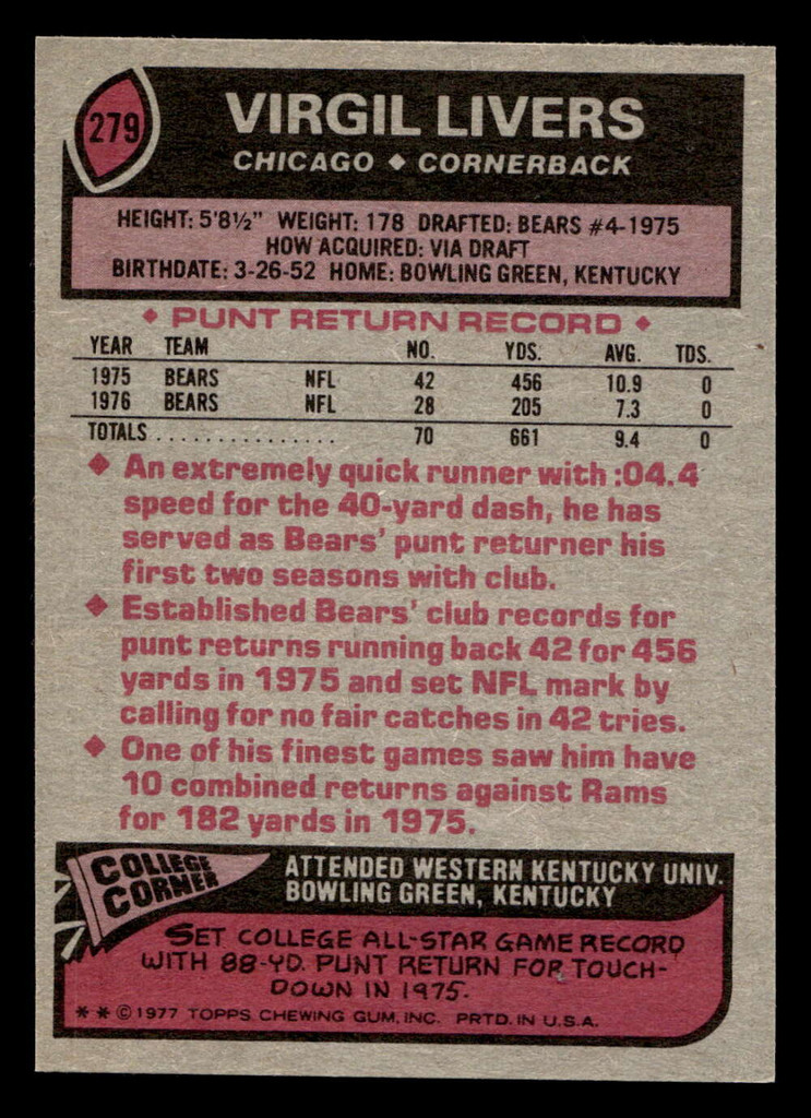 1977 Topps #279 Virgil Livers Near Mint  ID: 502760