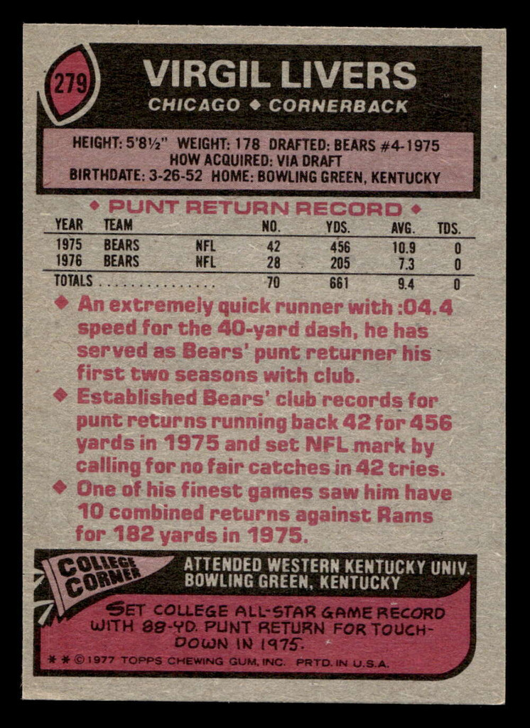1977 Topps #279 Virgil Livers Near Mint  ID: 502761