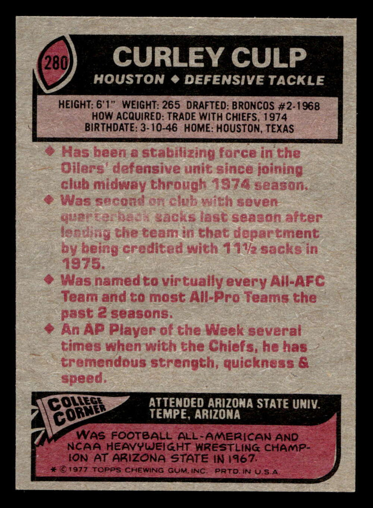 1977 Topps #280 Curley Culp AP Near Mint  ID: 502762
