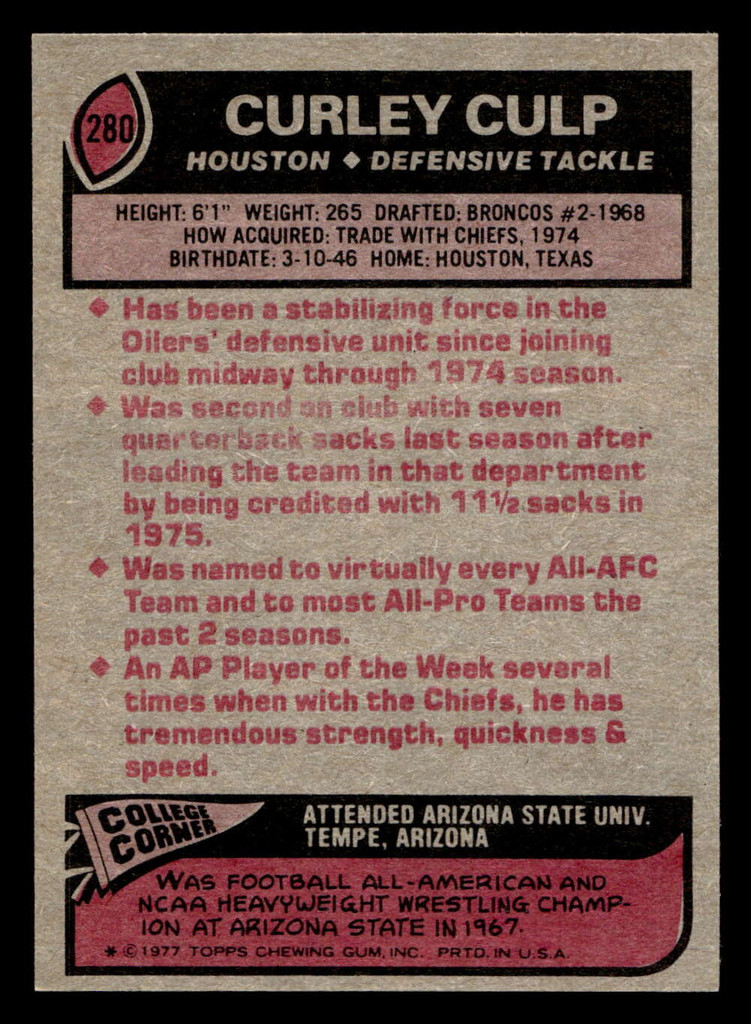 1977 Topps #280 Curley Culp AP Near Mint  ID: 502765